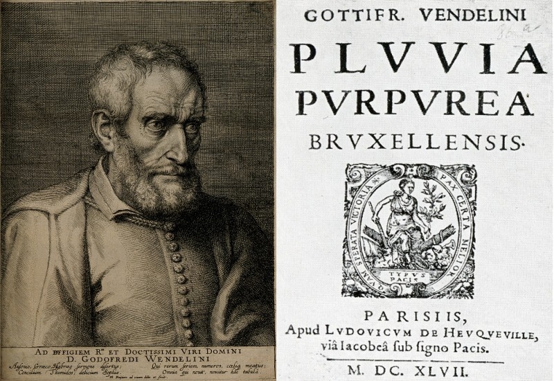 Godefroid Wendelin en het titelblad van zijn publicatie “Pluvia purpurea Bruxellensis” gedrukt te Parijs in 1647