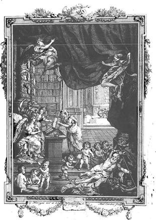"Frontispice" - illustration tirée d'un livre, qui se trouve à la page 3 (la page faisant face à la page de titre) des "mémoires" de l'Académie de Bruxelles.