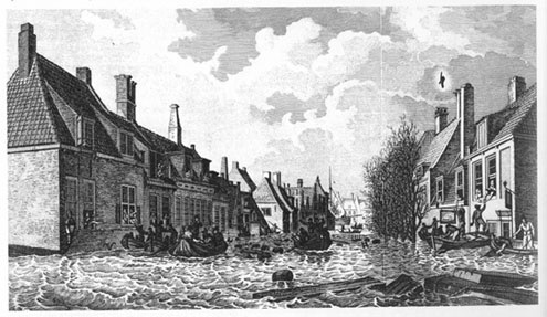 La "Palingstraat" à Flessingue, à Walcheren en Zélande durant l'inondation du 14 au 15 janvier 1808