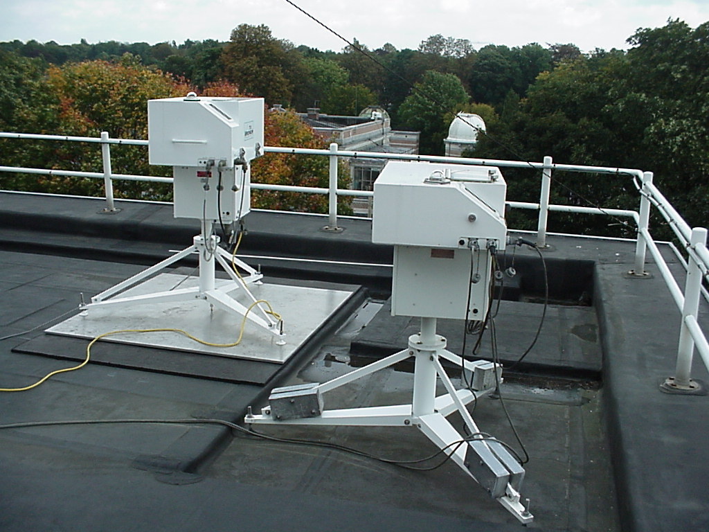 De twee Brewer spectrofotometers op het dak van het KMI te Ukkel.