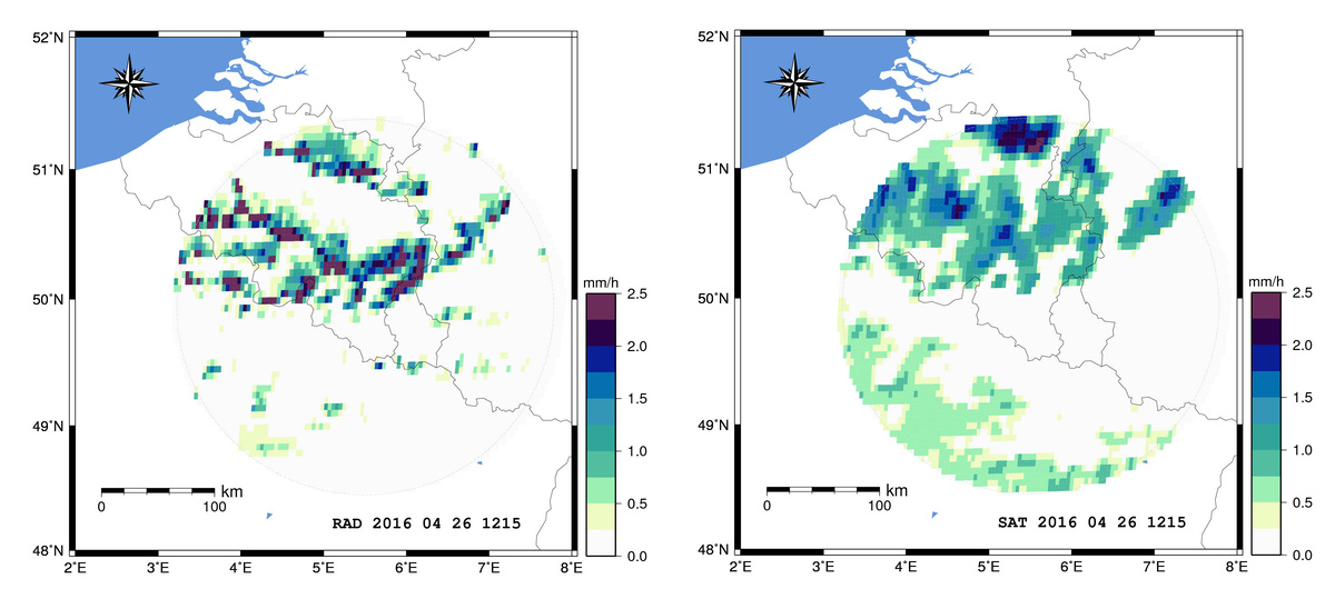 Vergelijking tussen de neerslagdata van de weerradar van het KMI te Wideumont en satelliet schattingen van het H-SAF project (H03 neerslagprodukt) voor 26 april 2016.