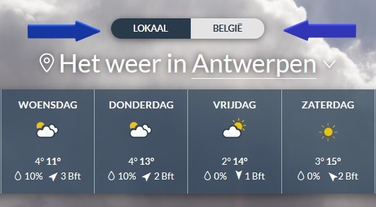 Indien u voor “lokaal” hebt gekozen zal u de waarnemingen en voorspellingen zien voor de gemeente die u gekozen heeft. De nieuwe website onthoudt uw keuze en zal telkens weer het weerbericht tonen voor deze gekozen locatie.