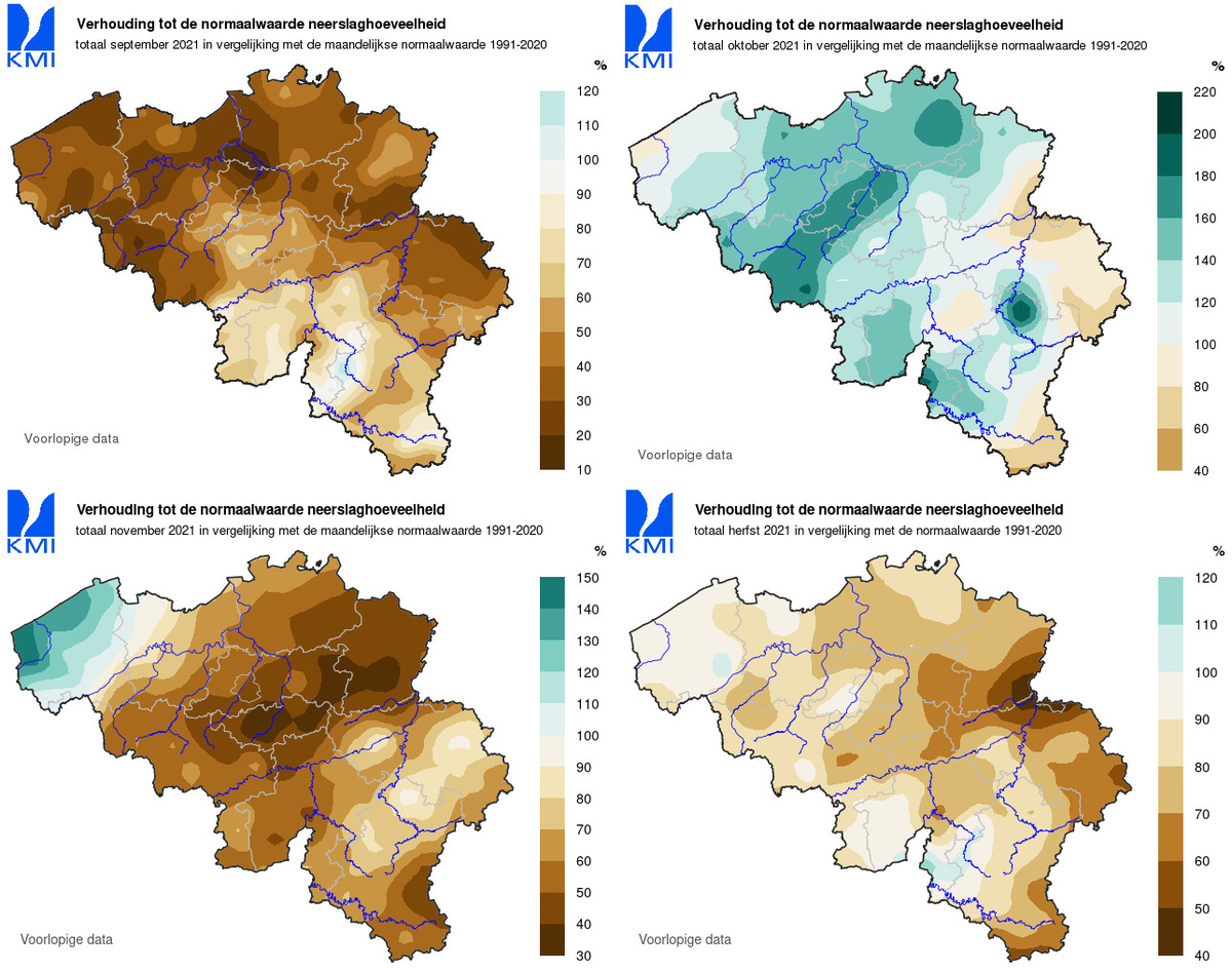 Fig. 1: Afwijking van de neerslaghoeveelheid ten opzichte van de normale waarde voor de maanden september, oktober en november. Ook de afwijking voor de herfst 2021 wordt weergegeven.