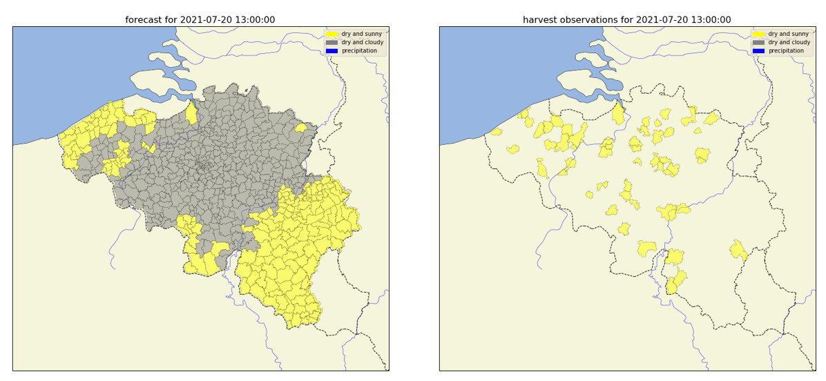 Figure 2 : A gauche : prévision pour le 20 juillet 2021 13h UTC (jaune = ensoleillé, gris = fortement nuageux). A droite : les observations de l'application avec par commune l'observation la plus fréquente, ensoleillée partout.