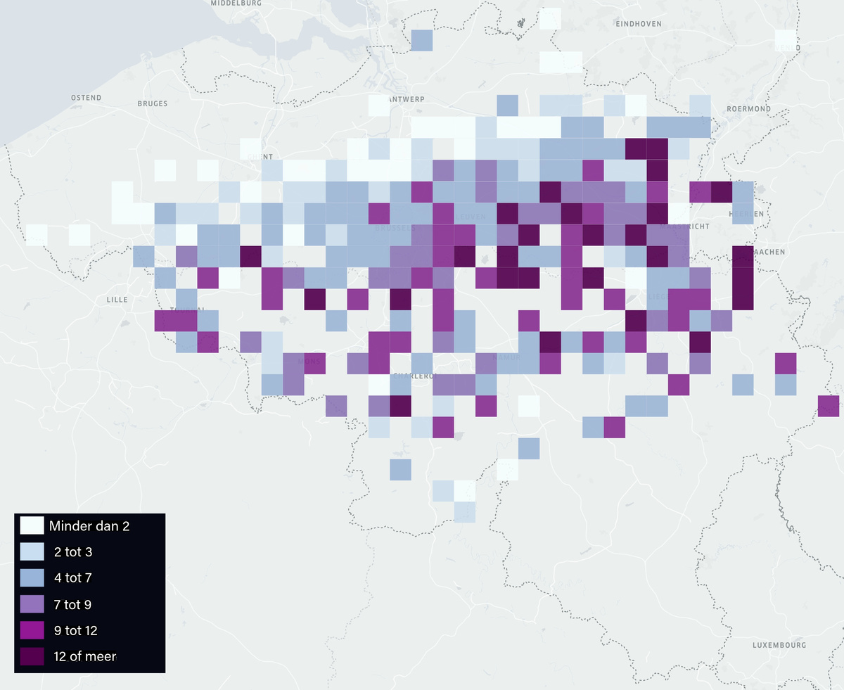 De verdeling van de sneeuwhoogtes in cm die wij van jullie gekregen hebben via onze weerapp.