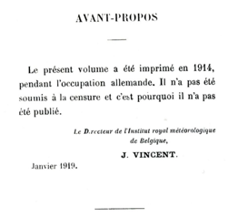 Het voorwoord van het jaarboek van het Koninklijk Meteorologisch Instituut van België voor het jaar 1915 waarin de Directeur Jean Vincent weigerde de tekst aan de Duitse censuur te onderwerpen.