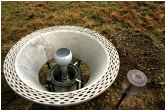 Le pluviomètre standard P50 de l’IRM, entouré d’un cône de Nipher.