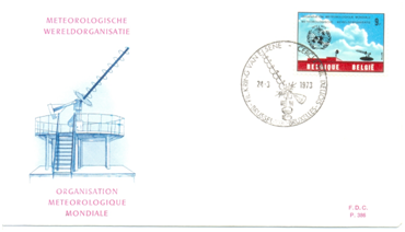 Briefomslag met speciale zegel van de ATP-antenne ter gelegenheid van de honderdste verjaardag van de Wereld Meteorologische Organisatie (WMO).