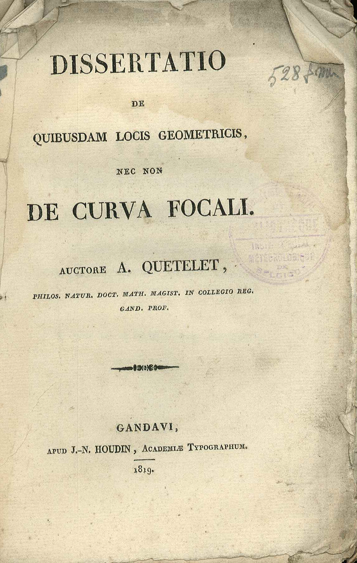 Page-titre de la thèse de doctorat d'Adolphe Queletet, défendue le 24 juillet 1819, à l'Université de Gand.