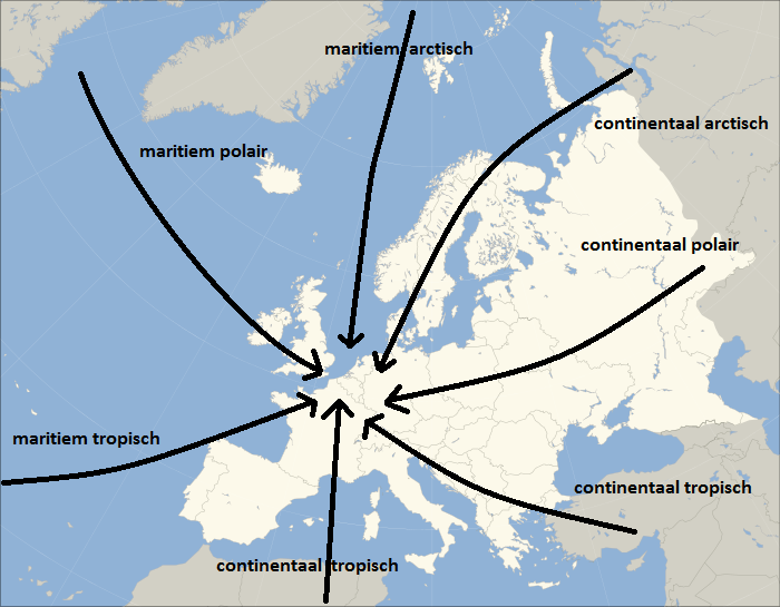 De luchtmassa's die onze streken kunnen bereiken.