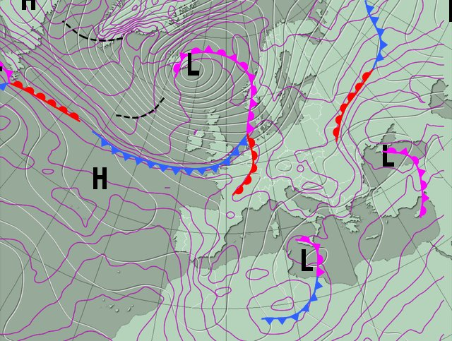 Figure 2. La Belgique se situe dans un secteur chaud. Un front d’occlusion s’étend à partir de