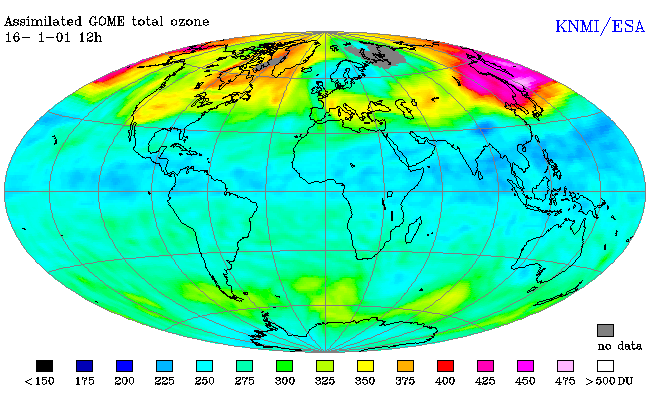 Vue d’ensemble de l’épaisseur de la couche d’ozone, obtenue par assimilation de différentes