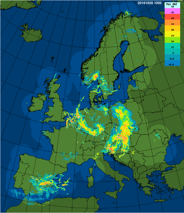 The assembled radar image from Eumetnet/OPERA gives every 15 minutes an overview of the precipitation over Europe
