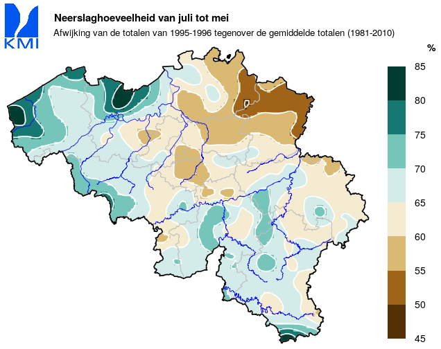 Figuur 9: De neerslagtotalen vanaf juli 1995 tot en met mei 1996 in procent van de normale totalen.