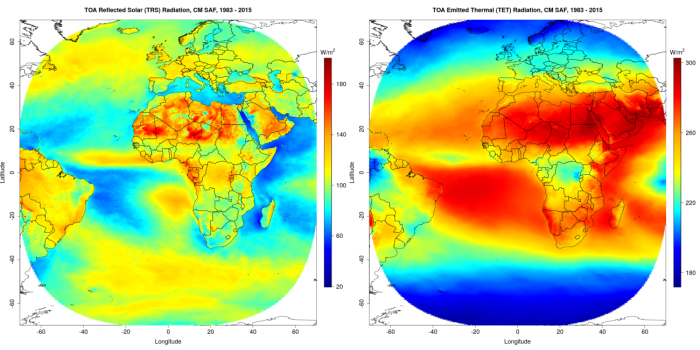 Figuur 1 en 2: Gemiddelde weerkaatste zonne-energie (links) en uitgestraalde thermische energie (rechts) per oppervlakte-eenheid, bovenaan de atmosfeer over de periode 1983–2015.