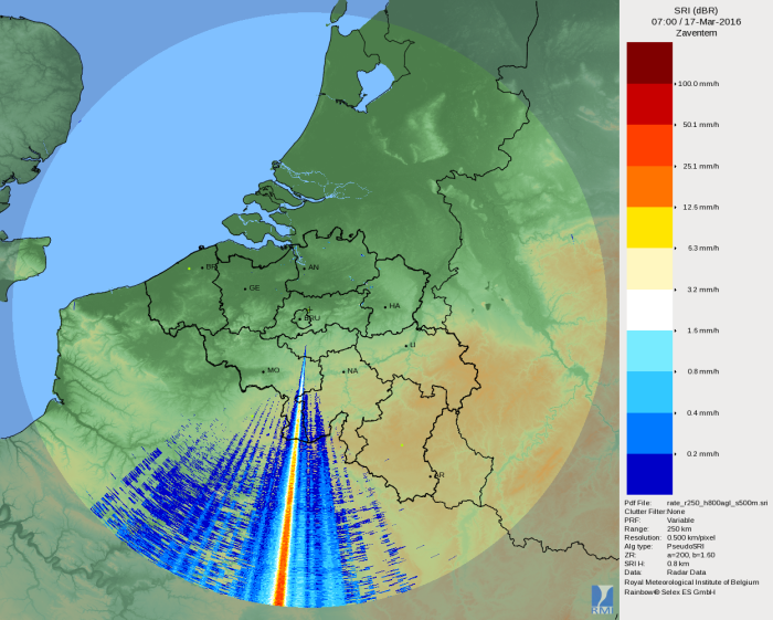 Zeer sterke storing van een zender in de beelden van de radar van Zaventem