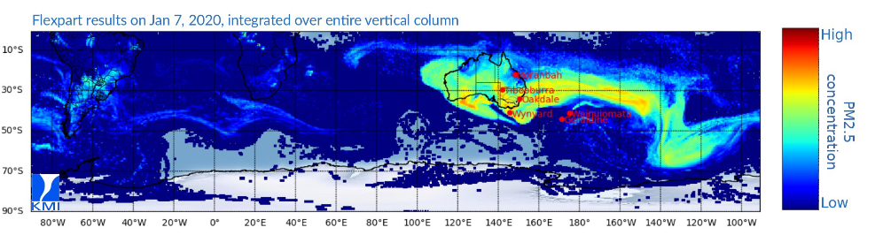 Figuur 1: Dispersie resultaten, gesimuleerd op 7 januari 2020. Deze figuur toont aan dat het fijn stof afkomstig van bosbranden in Australië de wereld rond reist.